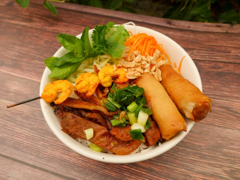 52. Charbroiled Pork, Beef or Chicken, Charbroiled Shrimp & Egg Rolls over Vermicelli