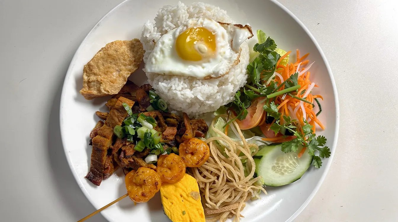 62. Charbroiled Pork, Beef or Chicken, Shredded Pork Skin, Steamed Egg Pork Patty, Shrimp & Crispy Stuffed Bean Curd and Sunny Side Up Egg over Rice