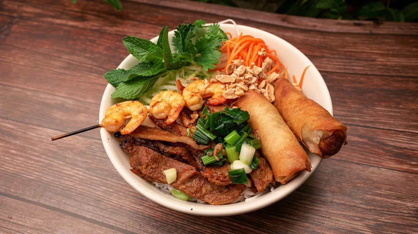 52. Charbroiled Meat, Shrimp & Egg Rolls over Vermicelli - Bún Tôm, Chả Giò, Thịt Nướng