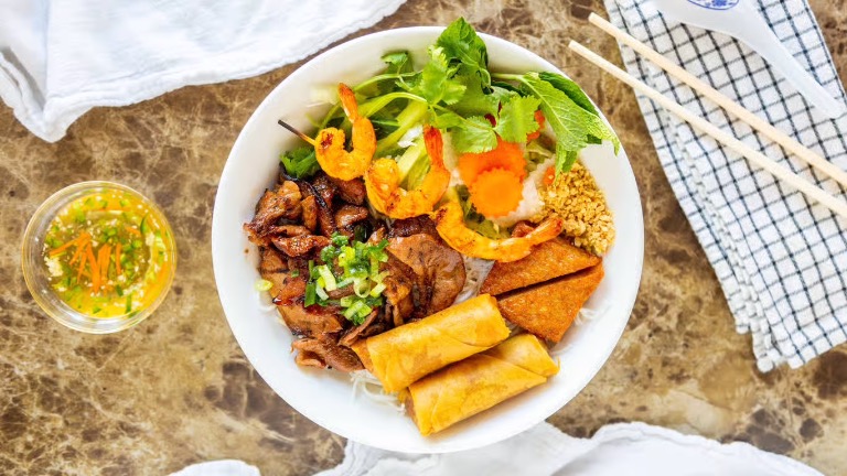 53. Charbroiled Pork, Beef or Chicken, Shrimp, Egg Rolls