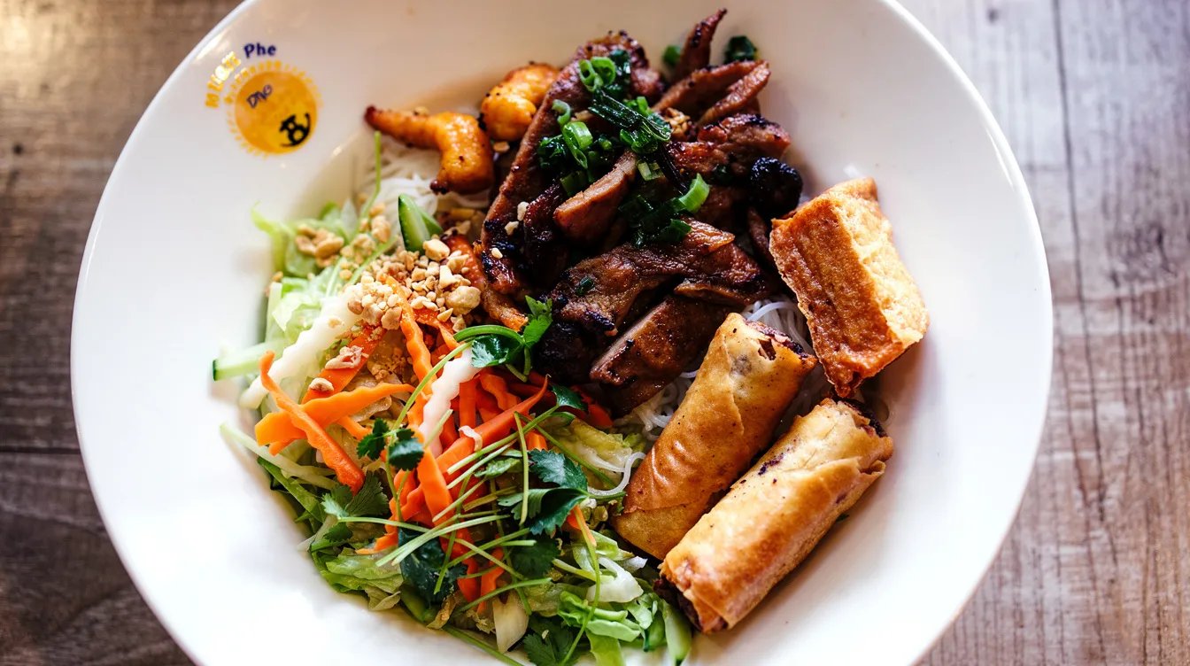 V5* Grill Meat Vermicelli W/ Shrimp, Egg Roll, Bean Cure